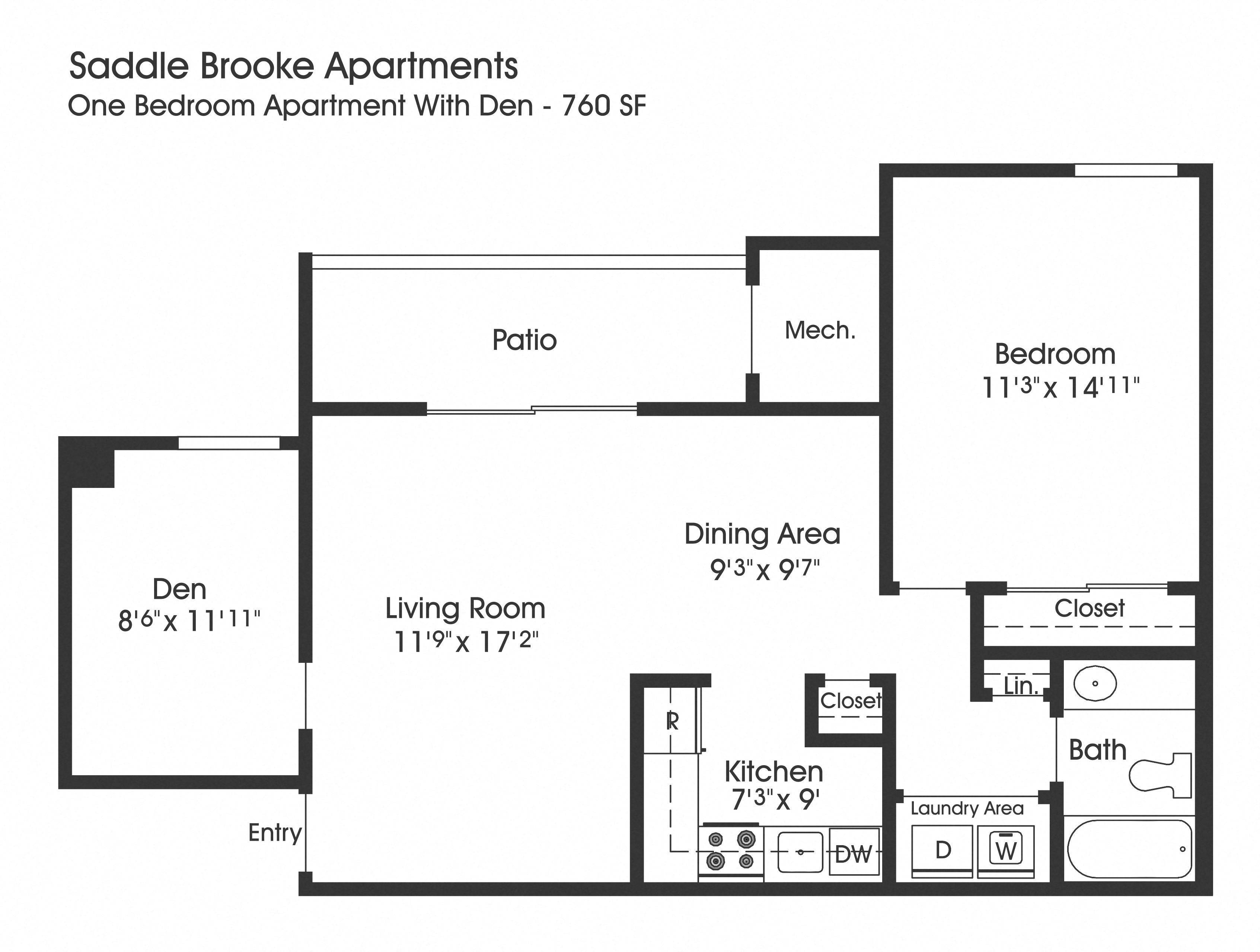 Floor plan for 1 bed, 1 bath, 760 sqft